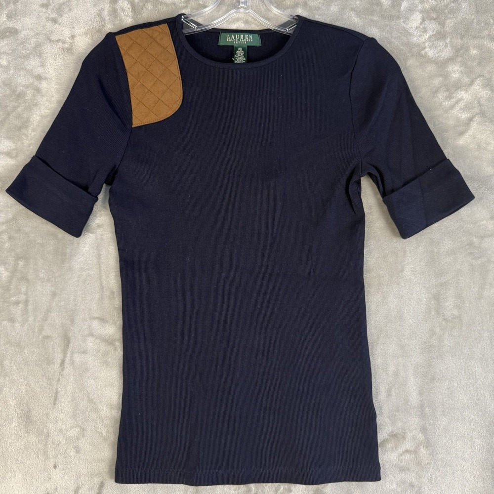 Y2K Lauren Ralph Lauren PS Navy Ribbed Top with Brown Quilted Shoulder Patch
